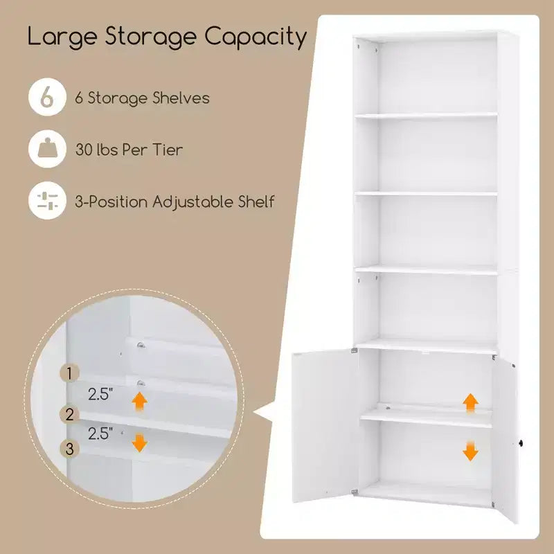 71" Farmhouse Bookcase with Doors, 6 Shelves & 2-Door Cabinet, White/Black