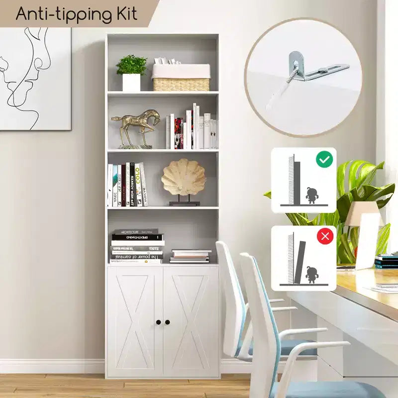 71" Farmhouse Bookcase with Doors, 6 Shelves & 2-Door Cabinet, White/Black
