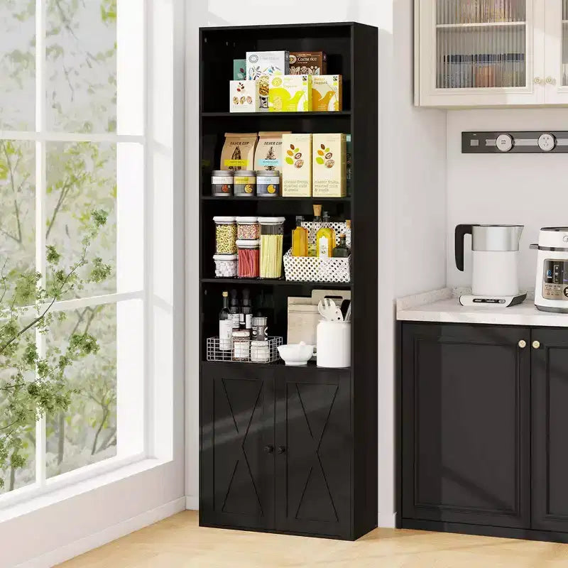 71" Farmhouse Bookcase with Doors, 6 Shelves & 2-Door Cabinet, White/Black