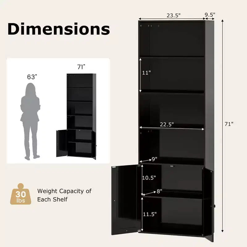 71" Farmhouse Bookcase with Doors, 6 Shelves & 2-Door Cabinet, White/Black
