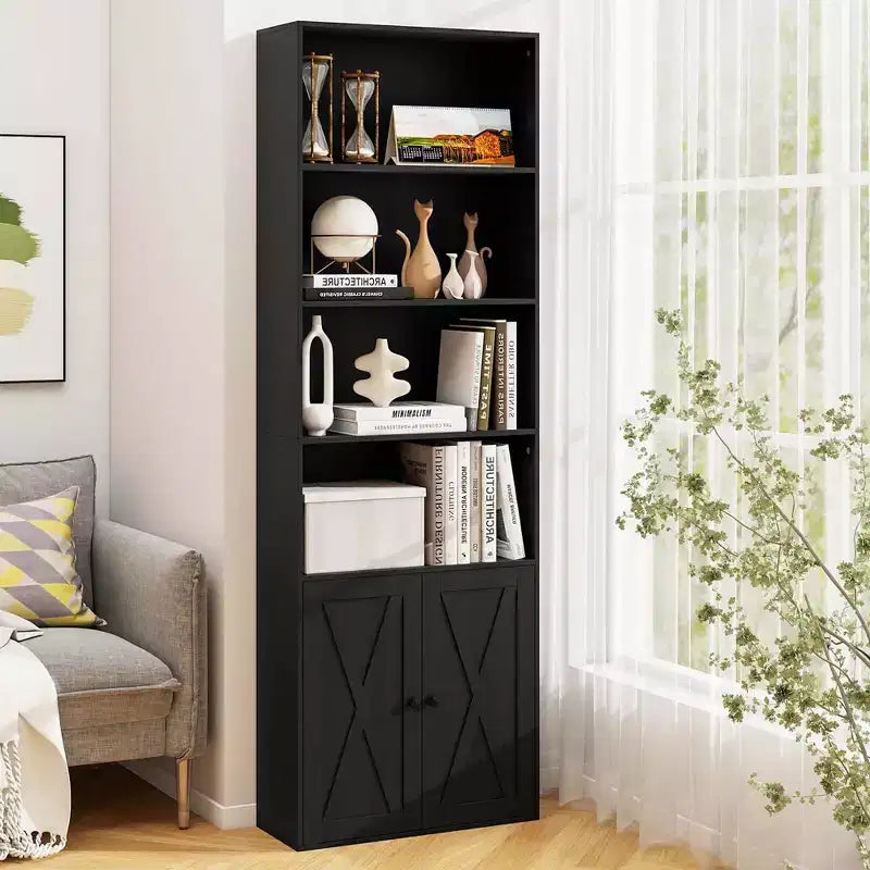 71" Farmhouse Bookcase with Doors, 6 Shelves & 2-Door Cabinet, White/Black
