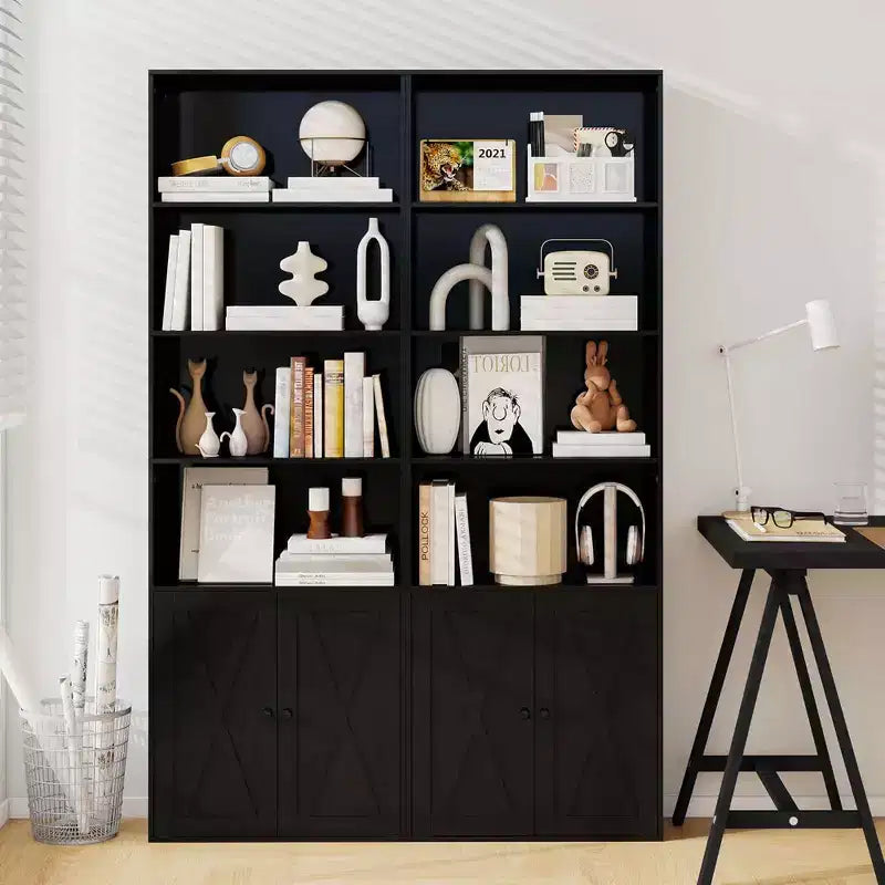 71" Farmhouse Bookcase with Doors, 6 Shelves & 2-Door Cabinet, White/Black