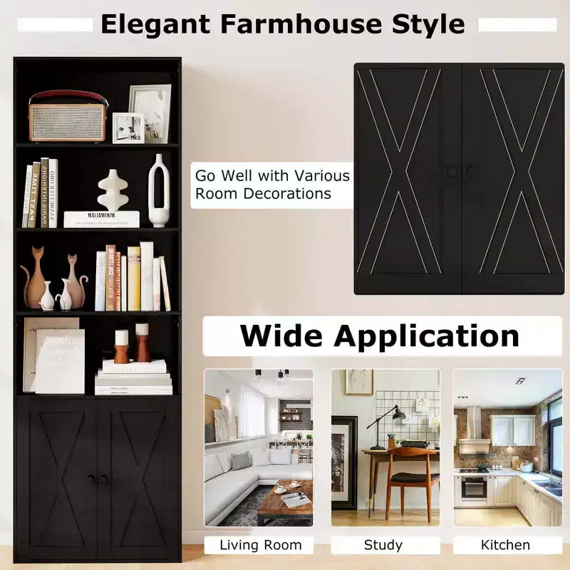 71" Farmhouse Bookcase with Doors, 6 Shelves & 2-Door Cabinet, White/Black