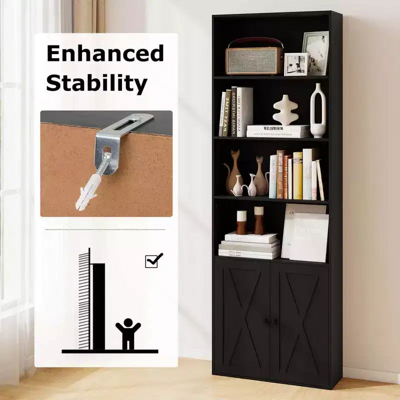 71" Farmhouse Bookcase with Doors, 6 Shelves & 2-Door Cabinet, White/Black