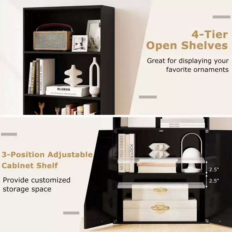 71" Farmhouse Bookcase with Doors, 6 Shelves & 2-Door Cabinet, White/Black