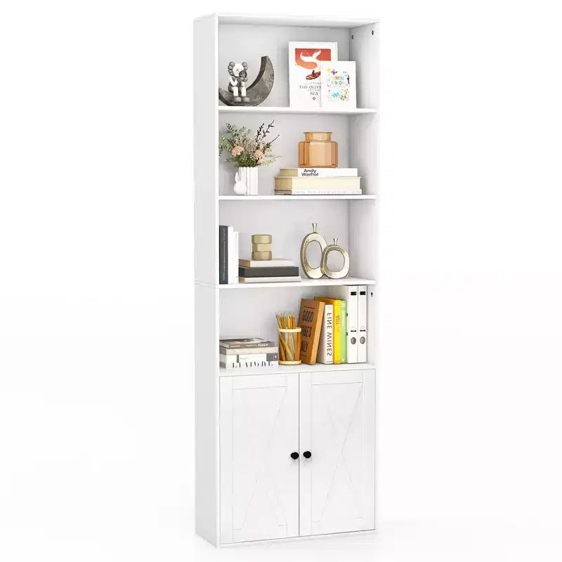 71" Farmhouse Bookcase with Doors, 6 Shelves & 2-Door Cabinet, White/Black