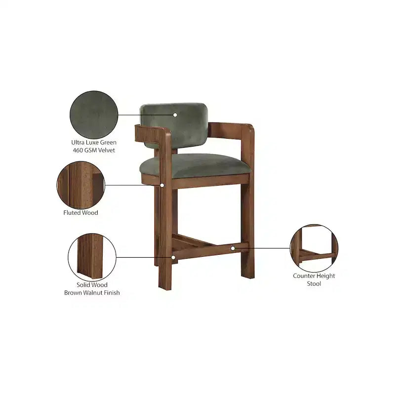 Green Velvet Bar Stool with Black Finish