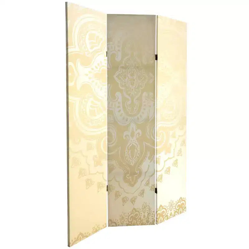 6" Double-Sided Mandala Canvas 3-Panel Room Divider, Ivory & Spruce Frame