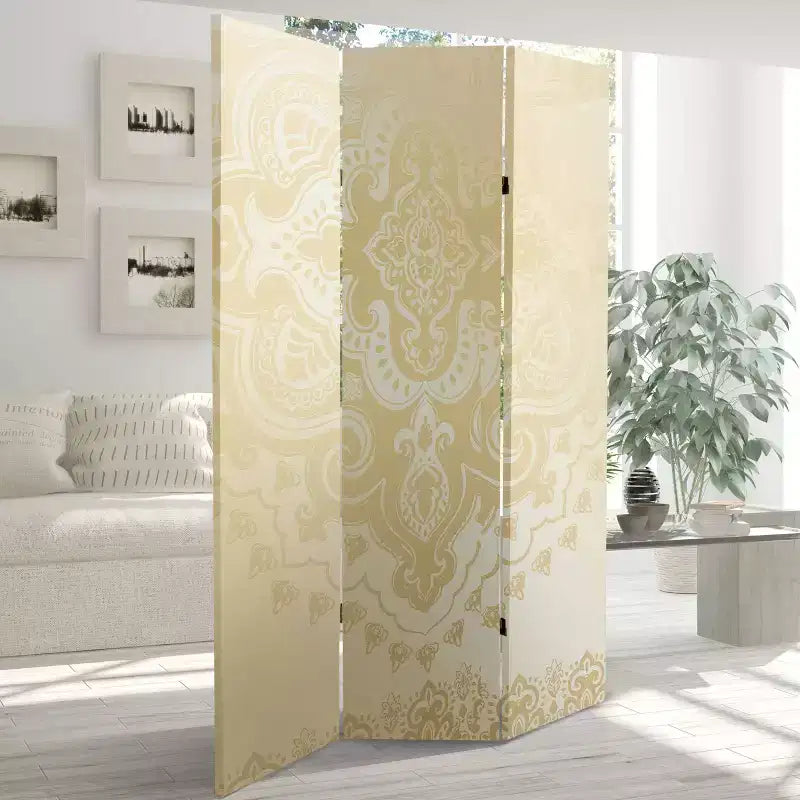 6" Double-Sided Mandala Canvas 3-Panel Room Divider, Ivory & Spruce Frame