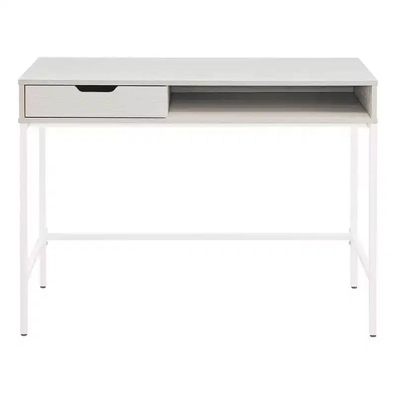 40" Contemporary Desk with Drawer & Shelf, White Oak, Steel Frame & MDF Surface