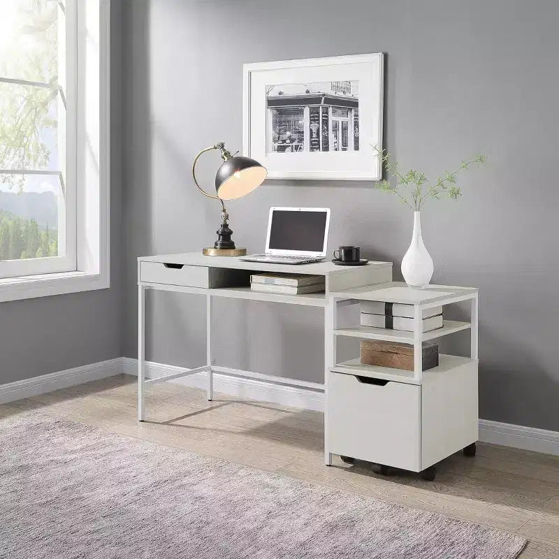 40" Contemporary Desk with Drawer & Shelf, White Oak, Steel Frame & MDF Surface