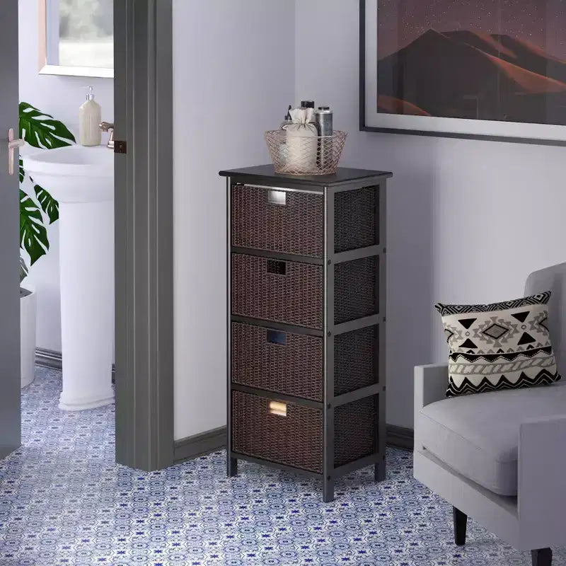36.81" Mid-Century 4-Drawer Storage Tower with Baskets, Black