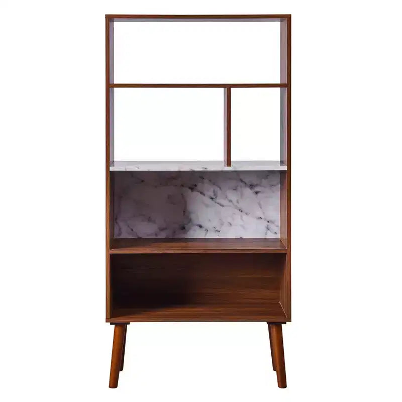 58" Mid-Century Bookshelf with Faux Marble Top & 4 Open Shelves, Walnut