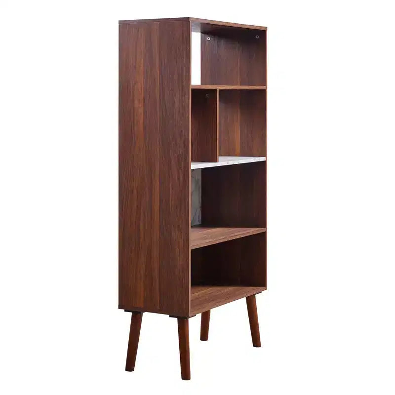 58" Mid-Century Bookshelf with Faux Marble Top & 4 Open Shelves, Walnut