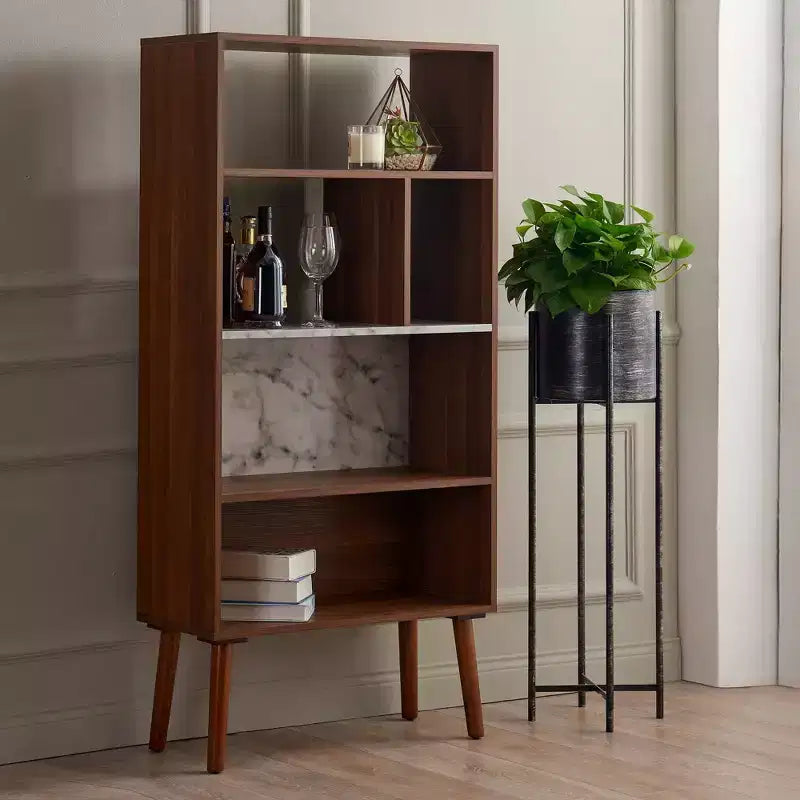 58" Mid-Century Bookshelf with Faux Marble Top & 4 Open Shelves, Walnut