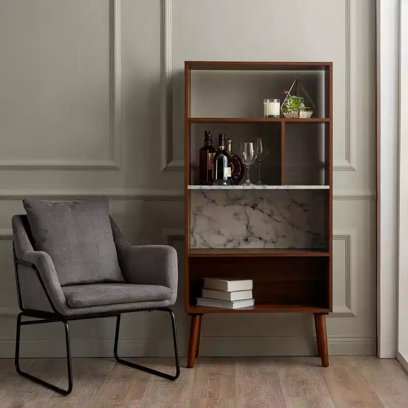 58" Mid-Century Bookshelf with Faux Marble Top & 4 Open Shelves, Walnut