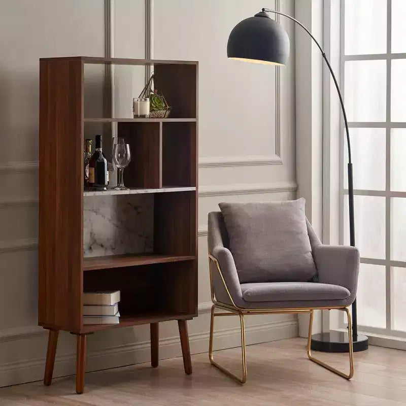 58" Mid-Century Bookshelf with Faux Marble Top & 4 Open Shelves, Walnut