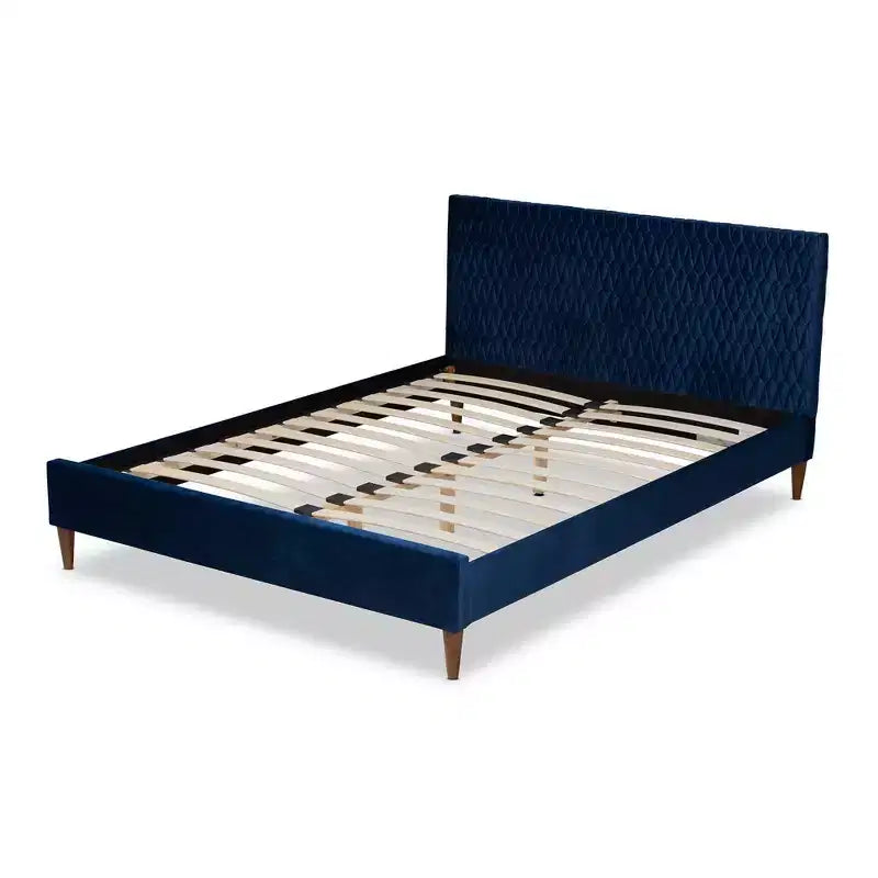 Queen Platform Bed in Navy Blue Velvet, Mid-Century Tapered Legs