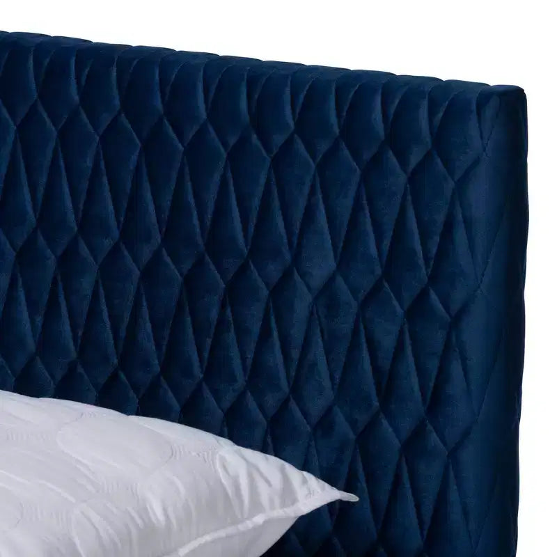 Queen Platform Bed in Navy Blue Velvet, Mid-Century Tapered Legs