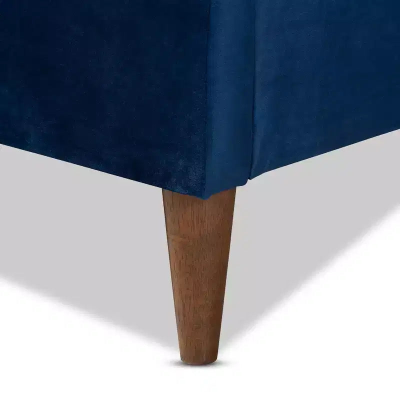 Queen Platform Bed in Navy Blue Velvet, Mid-Century Tapered Legs