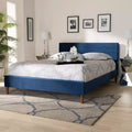 Queen Platform Bed in Navy Blue Velvet, Mid-Century Tapered Legs
