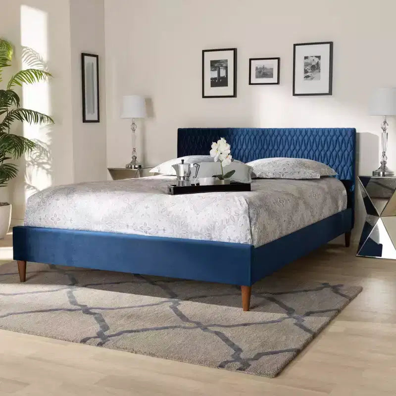 Queen Platform Bed in Navy Blue Velvet, Mid-Century Tapered Legs