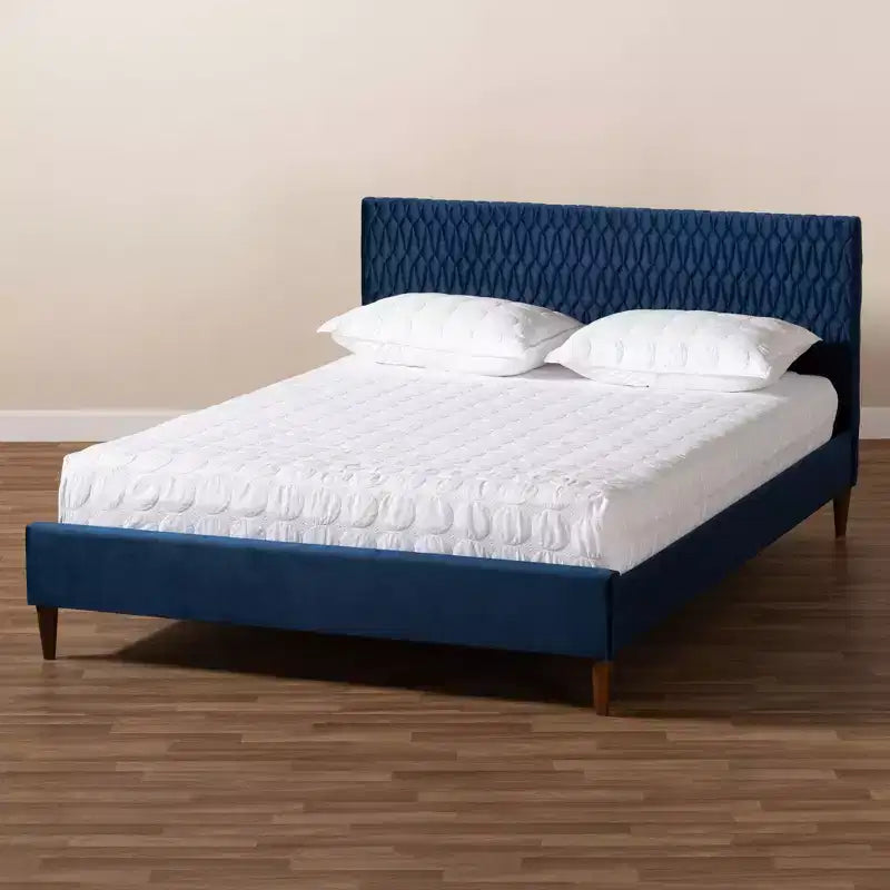Queen Platform Bed in Navy Blue Velvet, Mid-Century Tapered Legs
