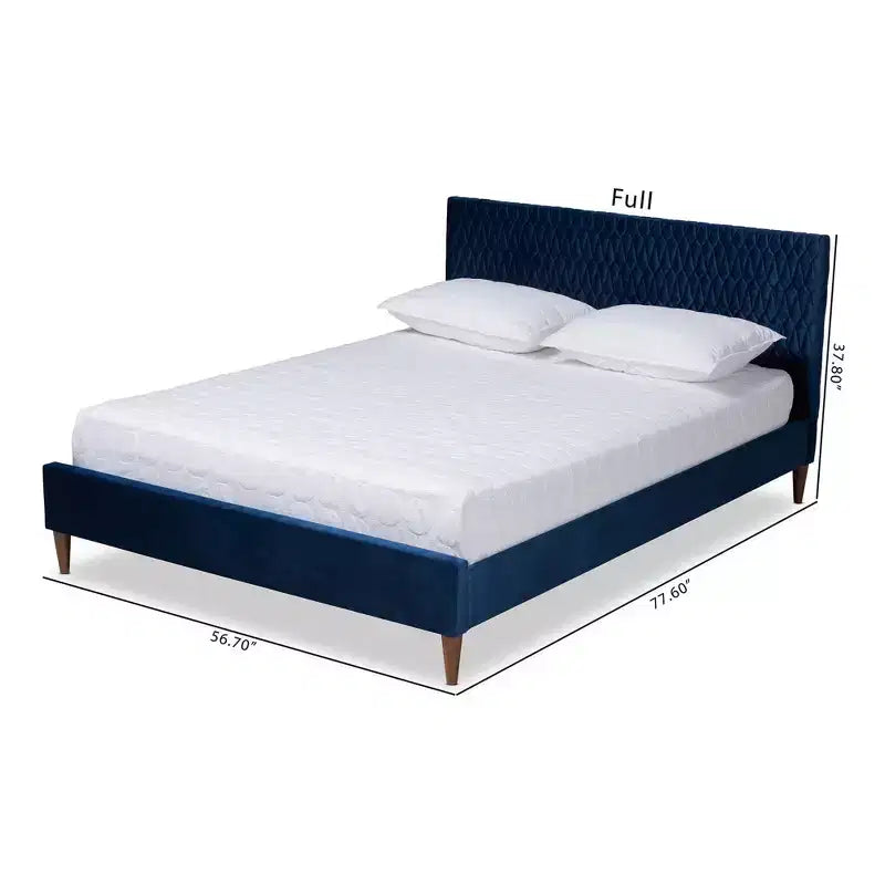 Queen Platform Bed in Navy Blue Velvet, Mid-Century Tapered Legs