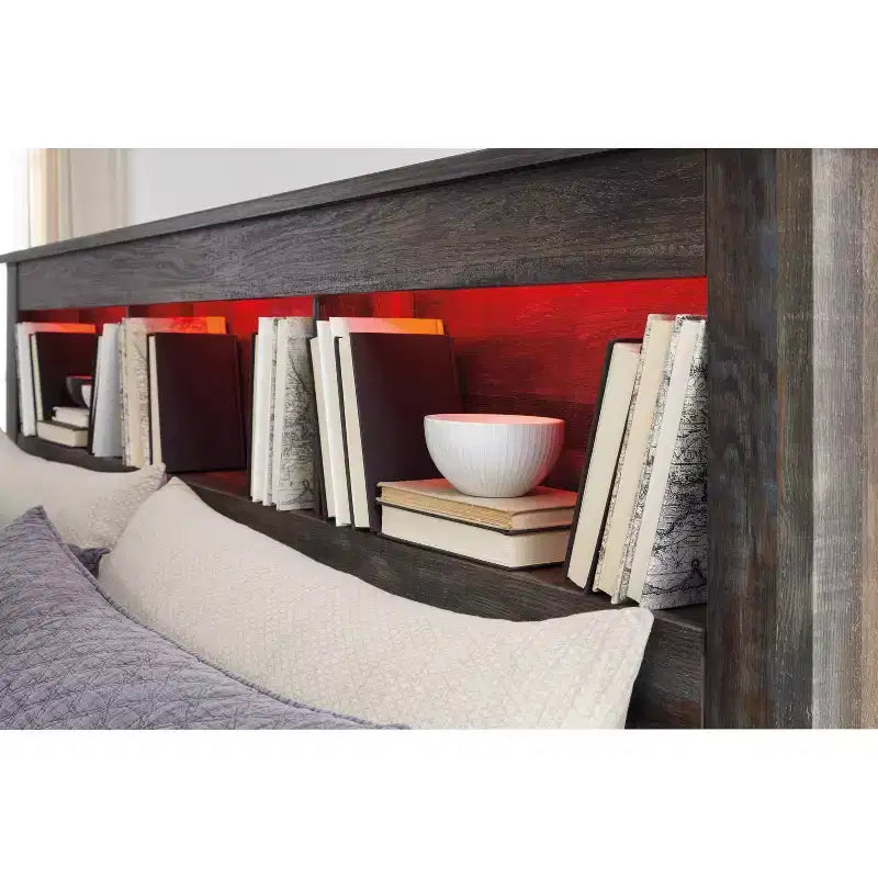 Queen/Full Bookcase Headboard: LED Lighting, Rustic Finish