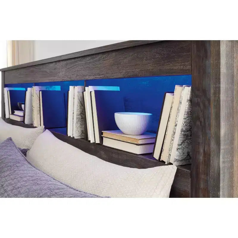 Queen/Full Bookcase Headboard: LED Lighting, Rustic Finish