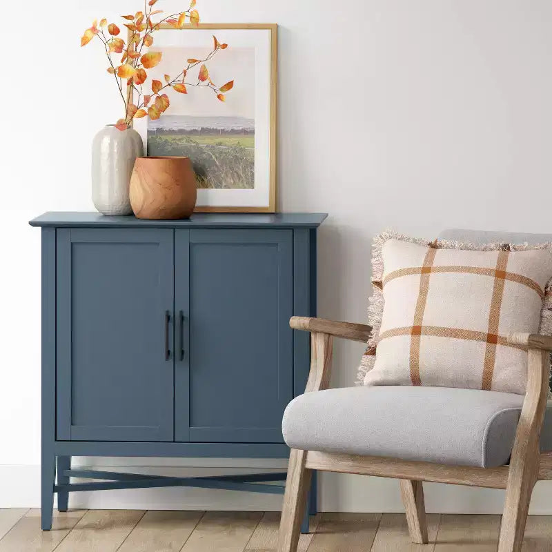 Storage Cabinet Navy - Home Office Organizer with Divided Interior, Pine Frame