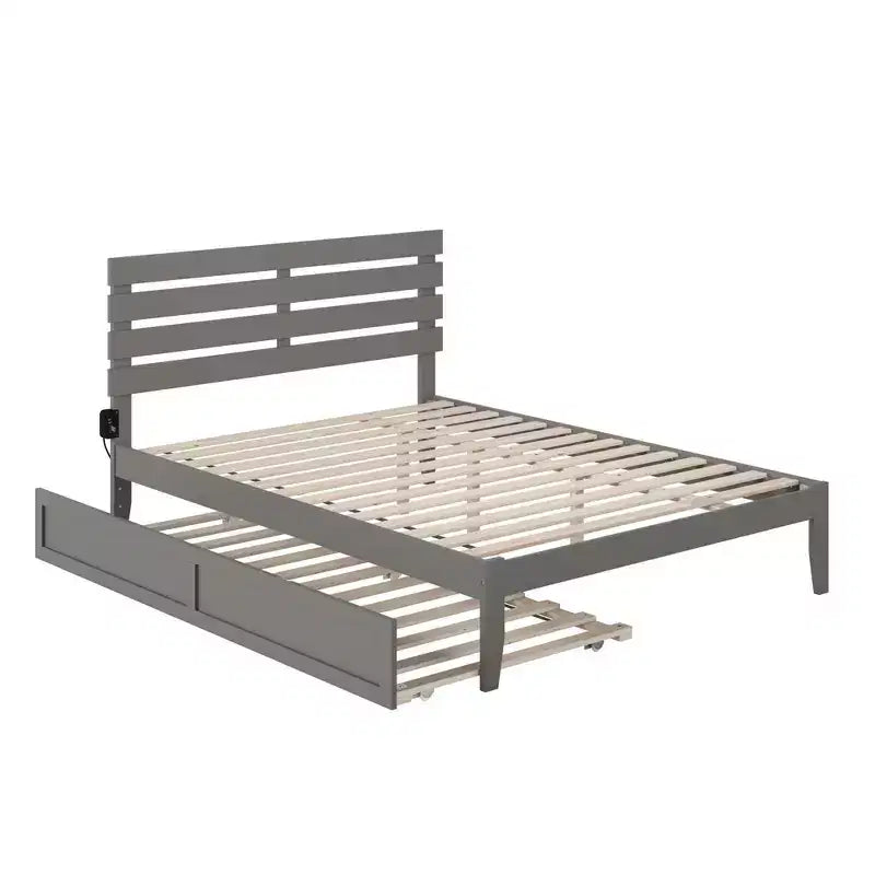 Queen Platform Bed with USB Charger & XL Trundle, Solid Hardwood Gray