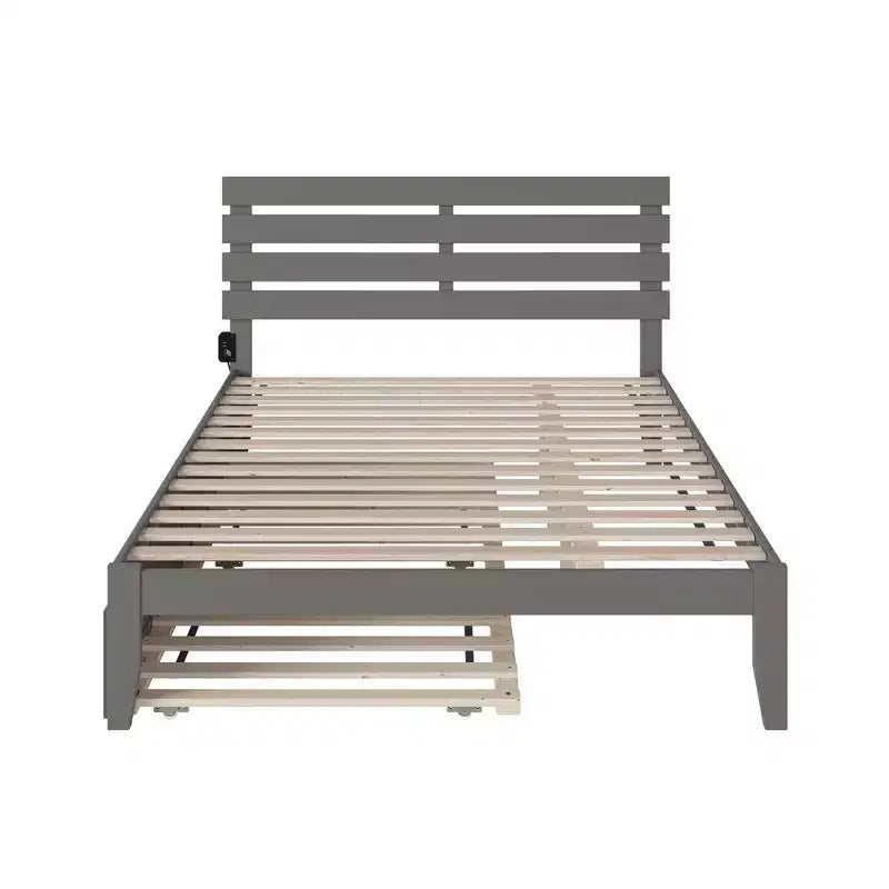 Queen Platform Bed with USB Charger & XL Trundle, Solid Hardwood Gray