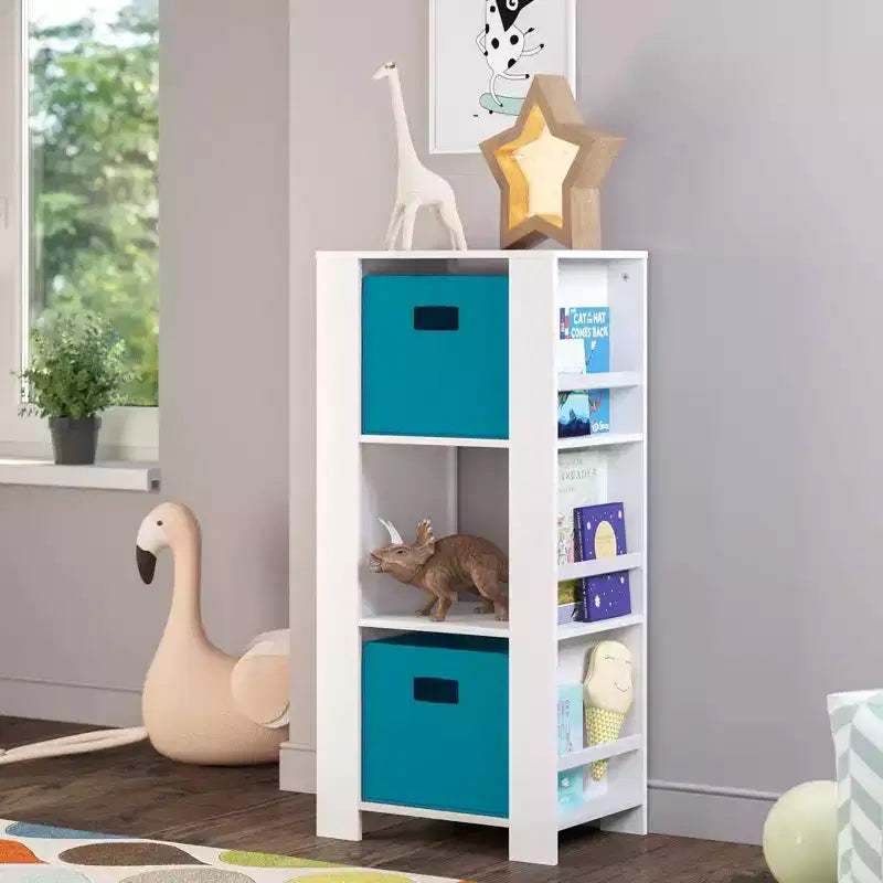 Kids' Bookshelf and Toy Organizer Tower with 3 Cubbies and 6 Bookracks White with 2 Fabric Bins