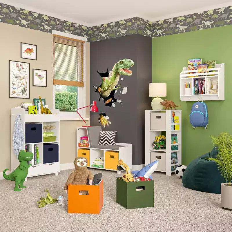 Kids' Bookshelf and Toy Organizer Tower with 3 Cubbies and 6 Bookracks White with 2 Fabric Bins