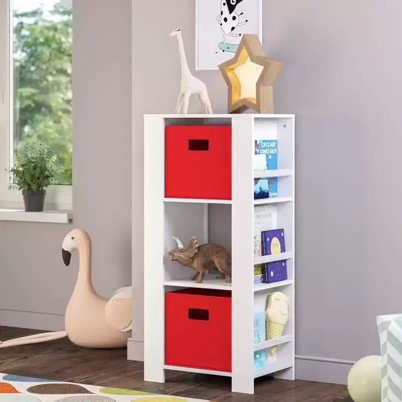 Kids' Bookshelf and Toy Organizer Tower with 3 Cubbies and 6 Bookracks White with 2 Fabric Bins