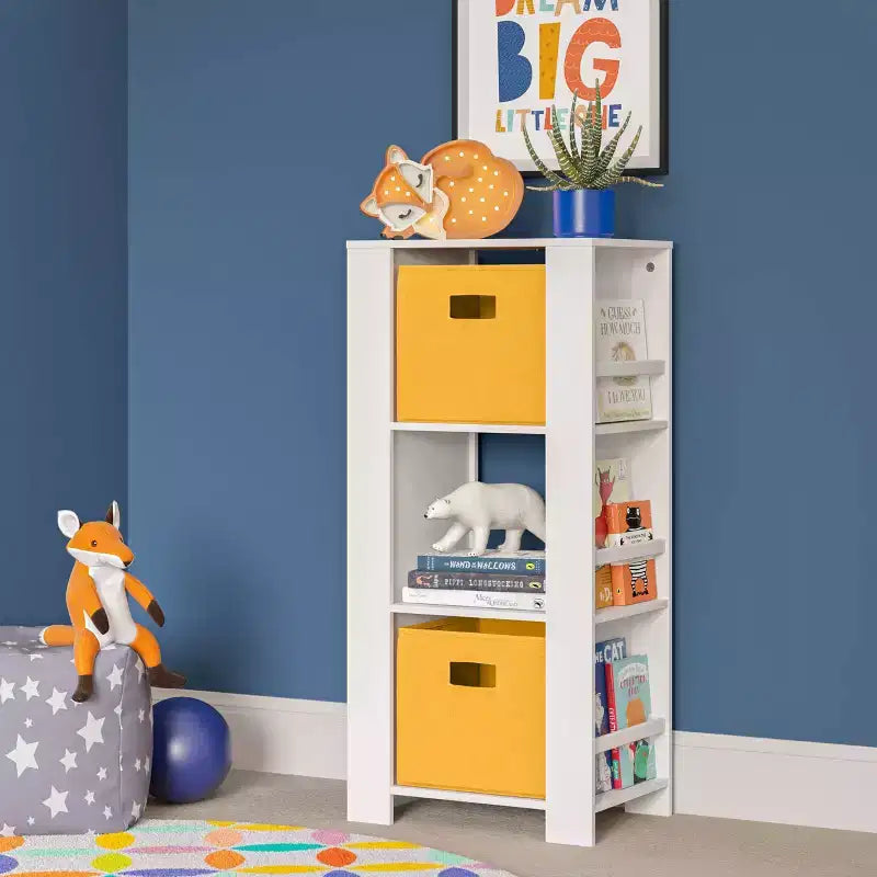 Kids' Bookshelf and Toy Organizer Tower with 3 Cubbies and 6 Bookracks White with 2 Fabric Bins