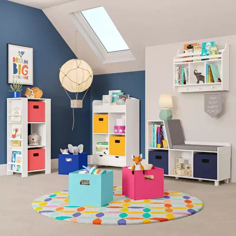 Kids' Bookshelf and Toy Organizer Tower with 3 Cubbies and 6 Bookracks White with 2 Fabric Bins