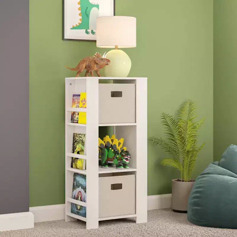 Kids' Bookshelf and Toy Organizer Tower with 3 Cubbies and 6 Bookracks White with 2 Fabric Bins