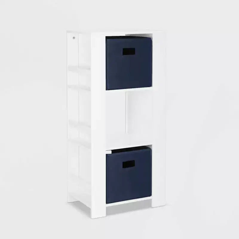 Kids' Bookshelf and Toy Organizer Tower with 3 Cubbies and 6 Bookracks White with 2 Fabric Bins