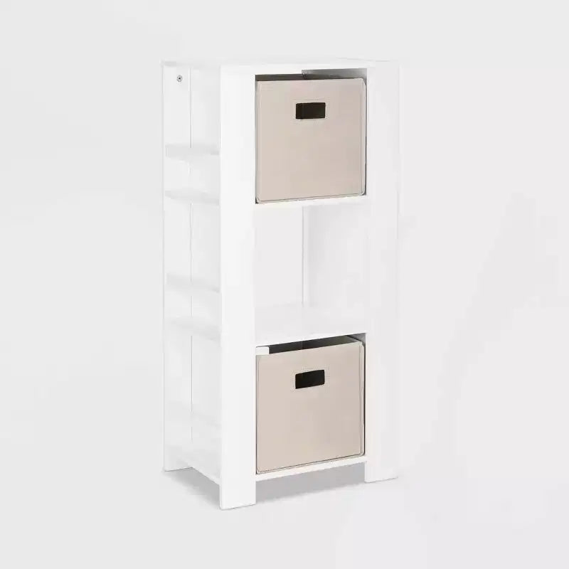 Kids' Bookshelf and Toy Organizer Tower with 3 Cubbies and 6 Bookracks White with 2 Fabric Bins