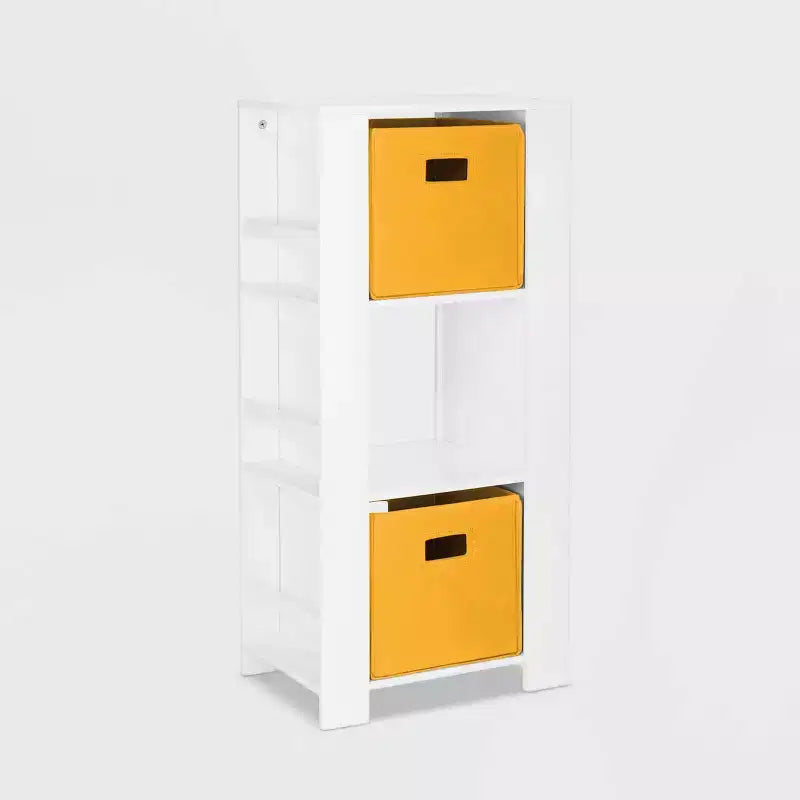 Kids' Bookshelf and Toy Organizer Tower with 3 Cubbies and 6 Bookracks White with 2 Fabric Bins