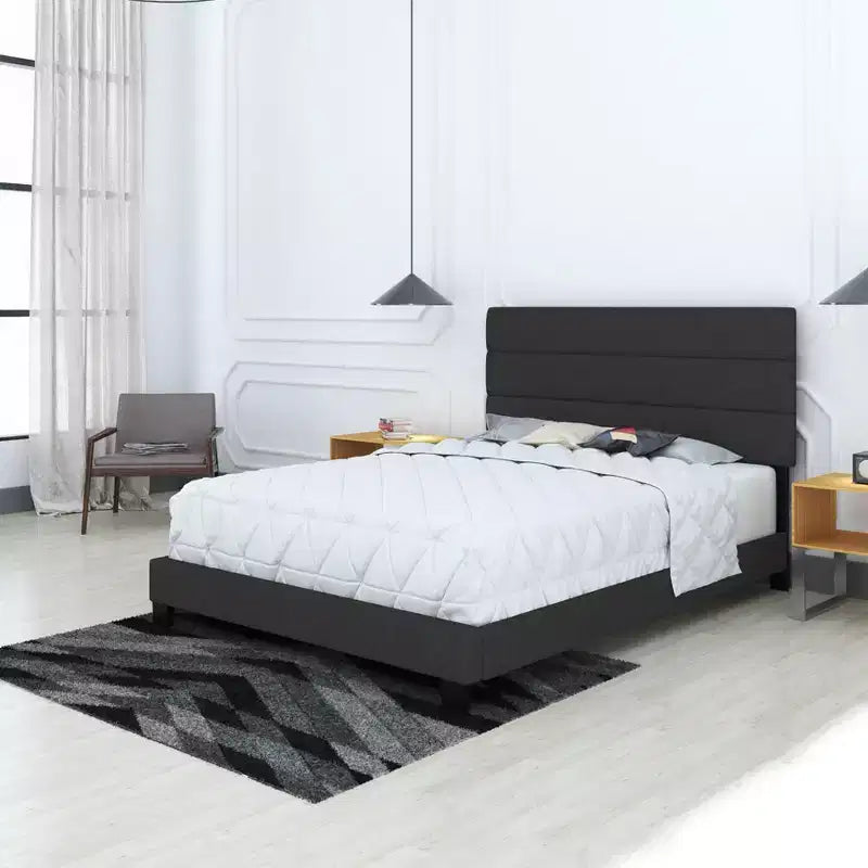 Linen Channel Upholstered Platform Bed with Padded Headboard