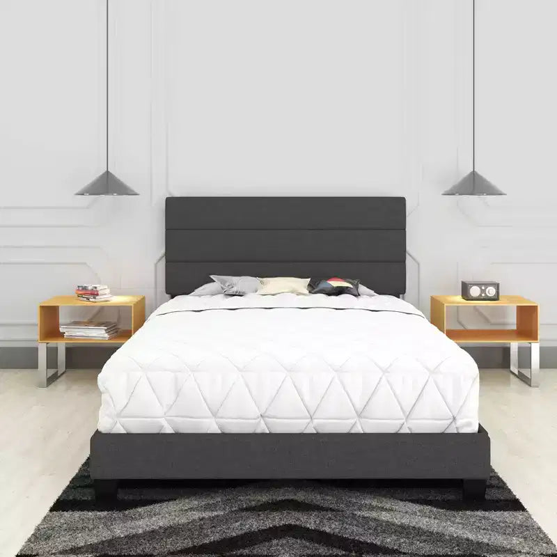 Linen Channel Upholstered Platform Bed with Padded Headboard