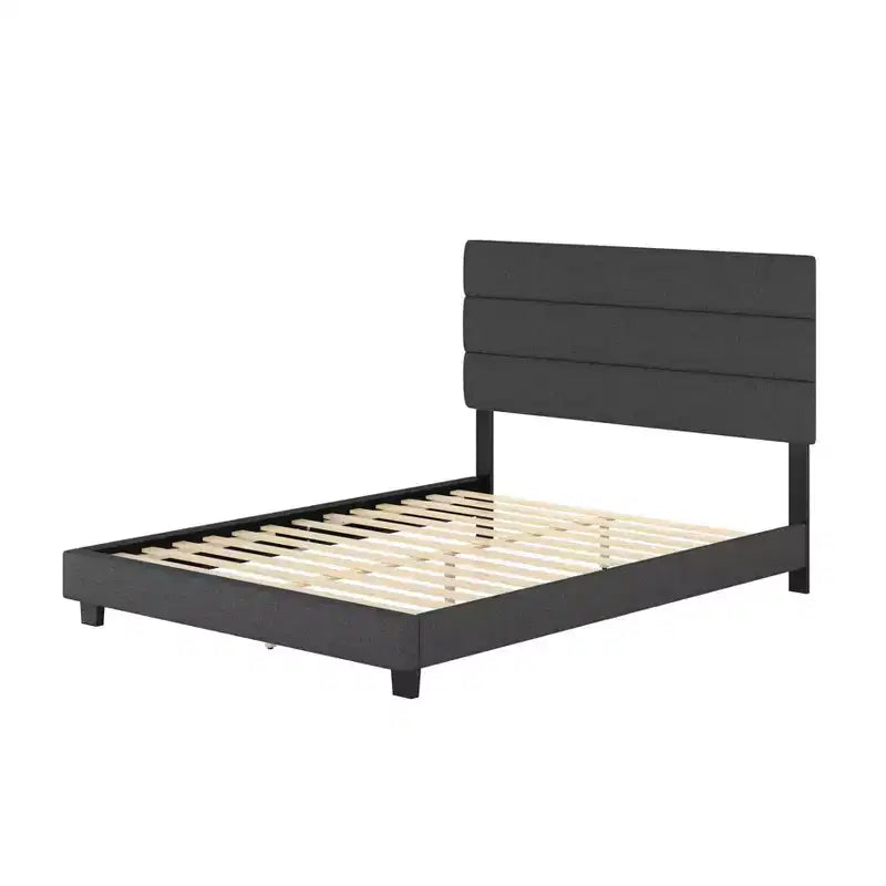 Linen Channel Upholstered Platform Bed with Padded Headboard