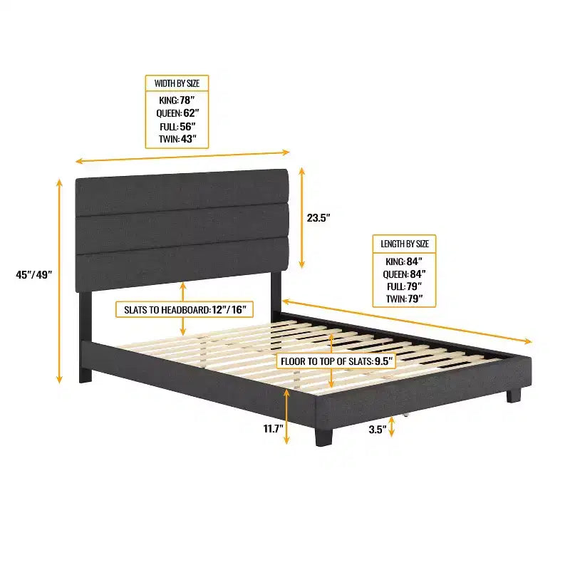 Linen Channel Upholstered Platform Bed with Padded Headboard