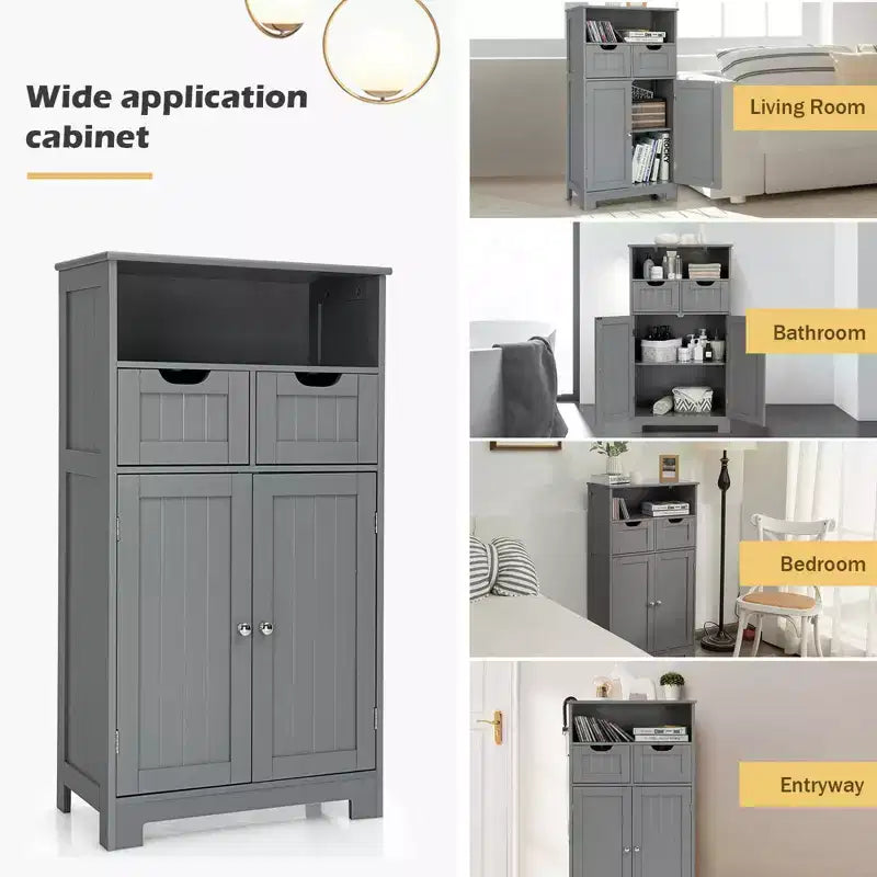 Bathroom Floor Cabinet Wooden Storage Organizer with Drawer & Doors